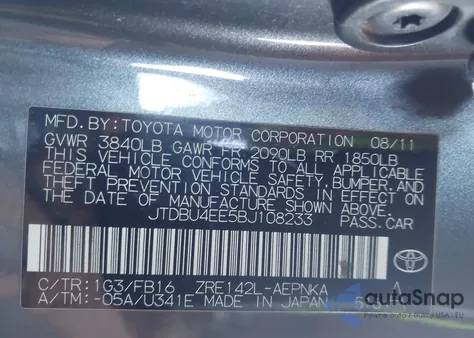 2011 Toyota Corolla Le from USA, damaged, VIN JTDBU4EE5BJ108233